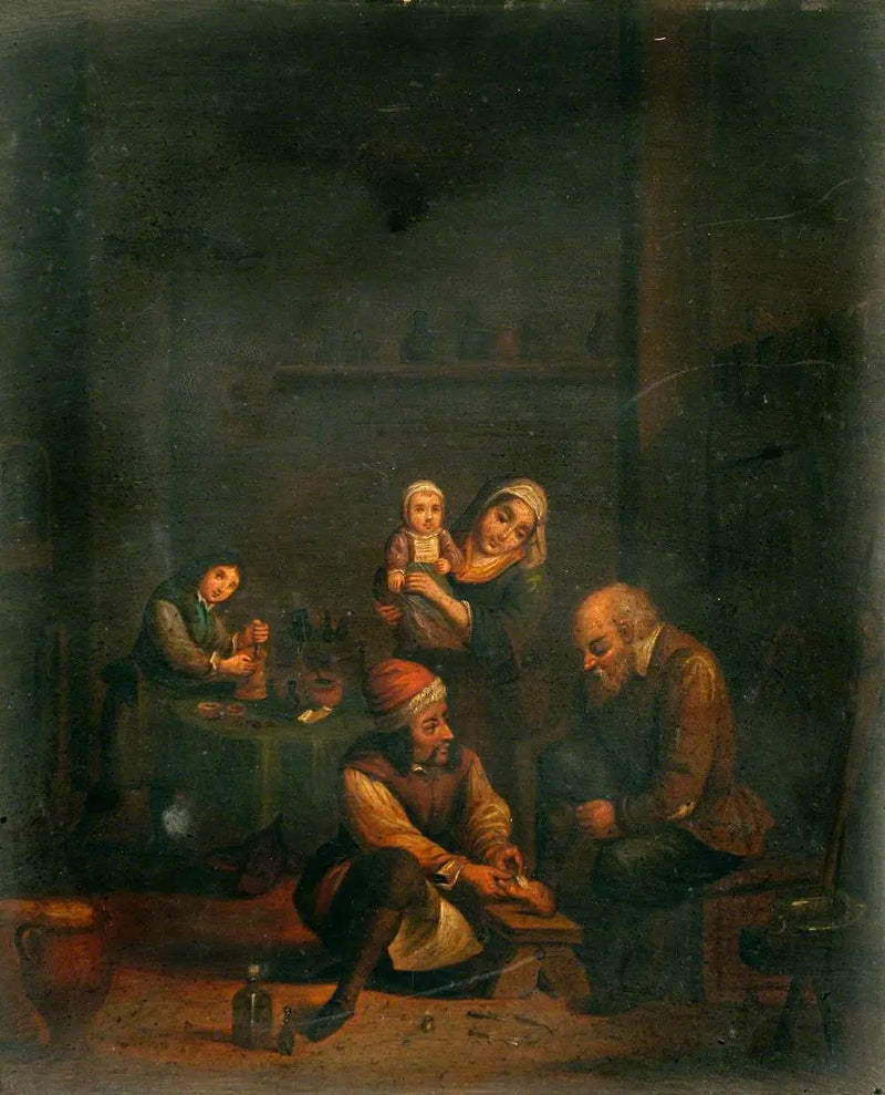 A surgeon treating a man's foot and three other characters - David Teniers the Younger