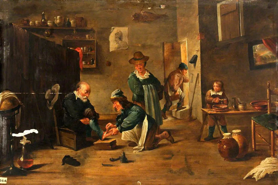 A surgeon treats a man's foot with a cast - David Teniers the Younger