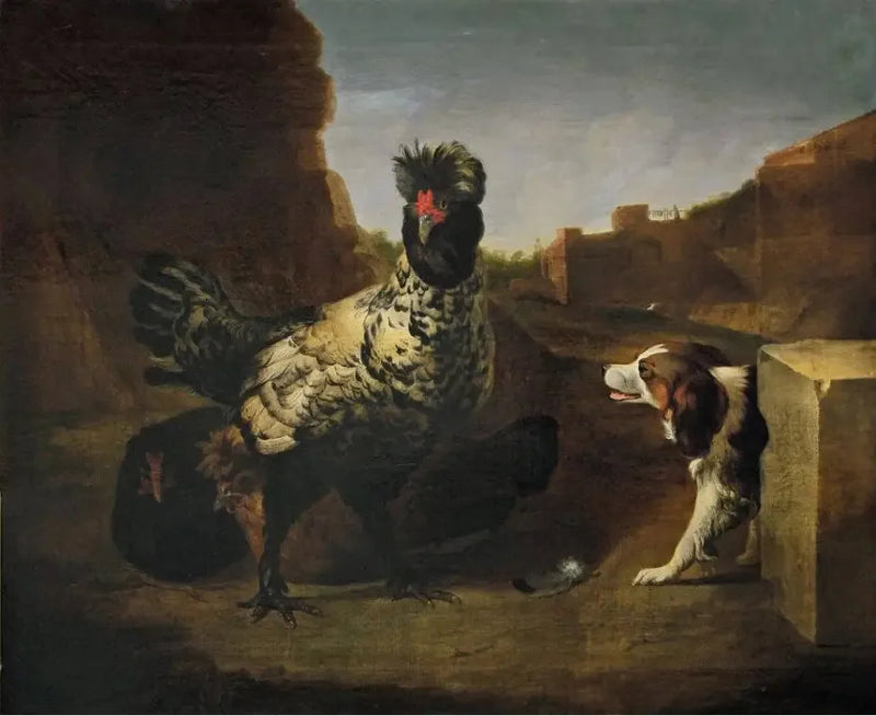A rooster with hens and a dog - Melchior de Hondecoeter
