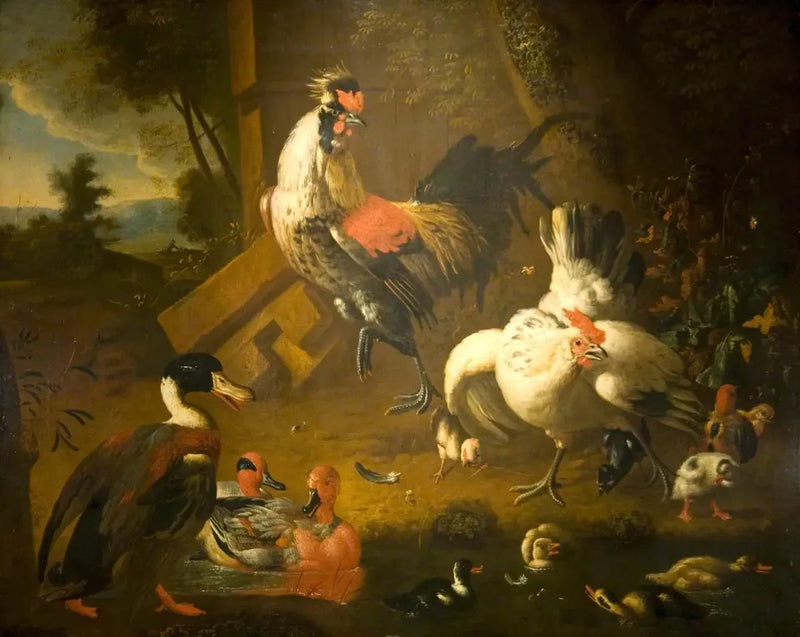 A rooster with a hen and three ducks - Melchior de Hondecoeter