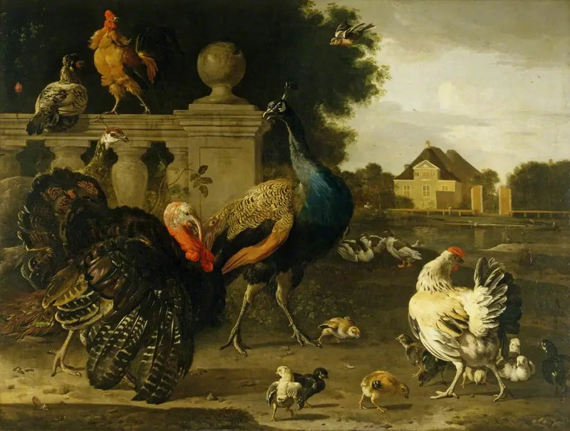 A turkey cock and other birds in a garden - Melchior de Hondecoeter