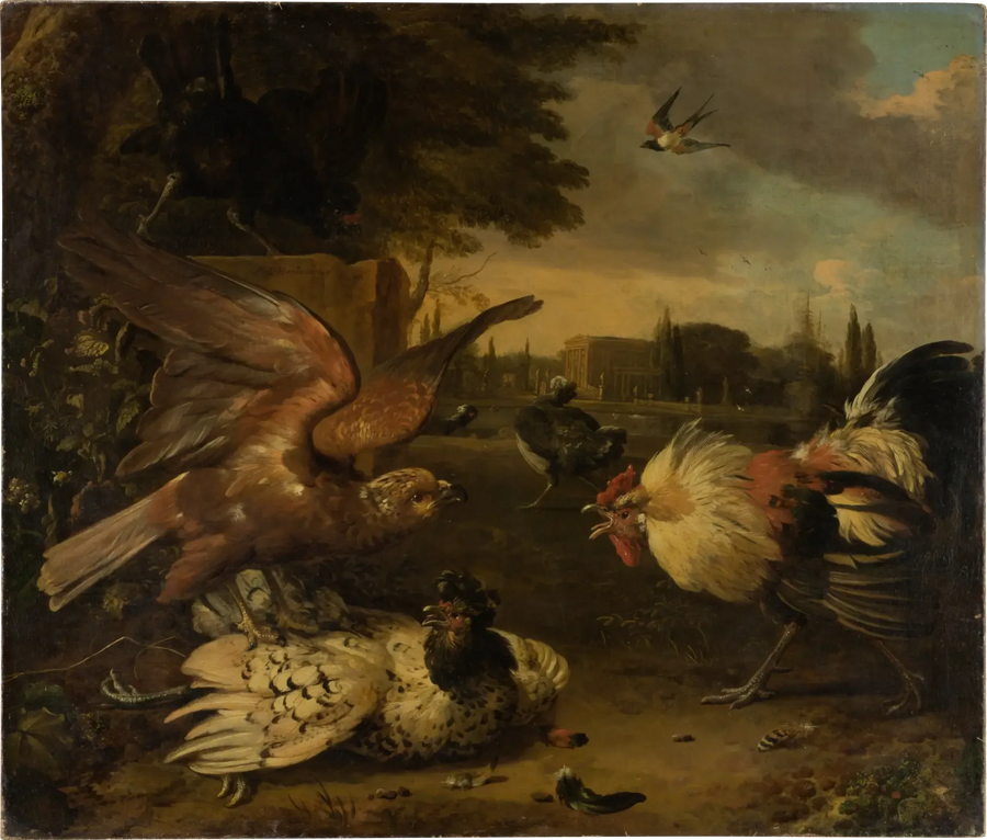 A rooster defending a hen against a bird of prey attacking her - Melchior de Hondecoeter