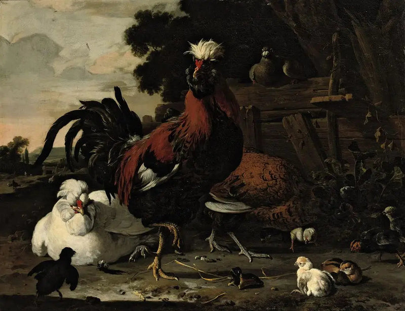 A rooster, hens, chicks, and a pigeon near a wooden fence in a landscape - Melchior de Hondecoeter