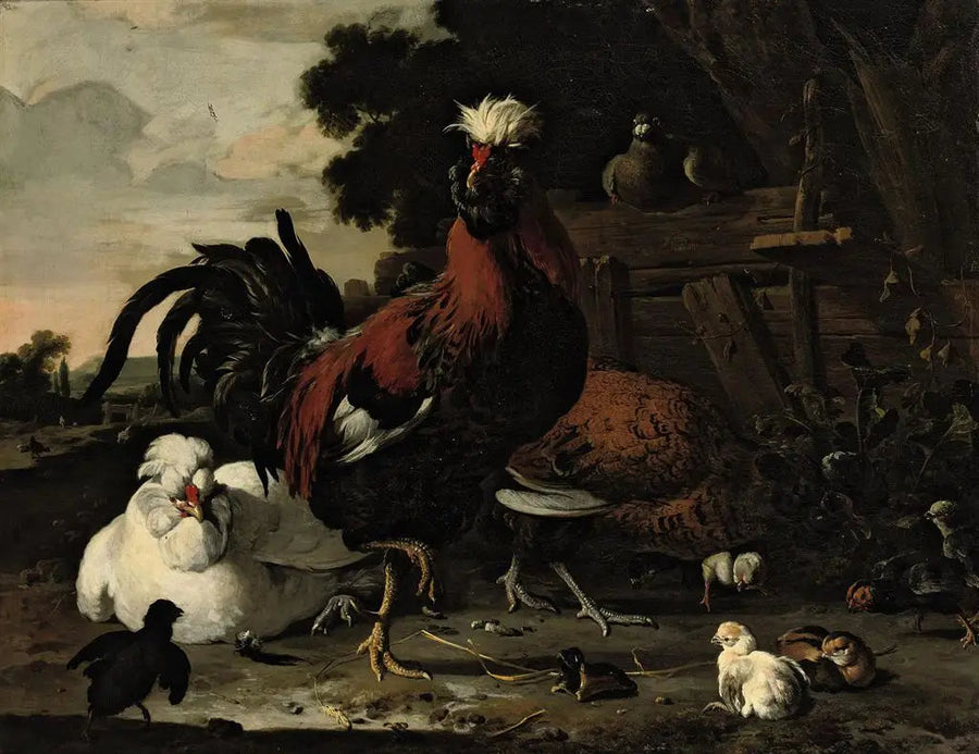 A rooster, hens, chicks, and a pigeon near a wooden fence in a landscape - Melchior de Hondecoeter