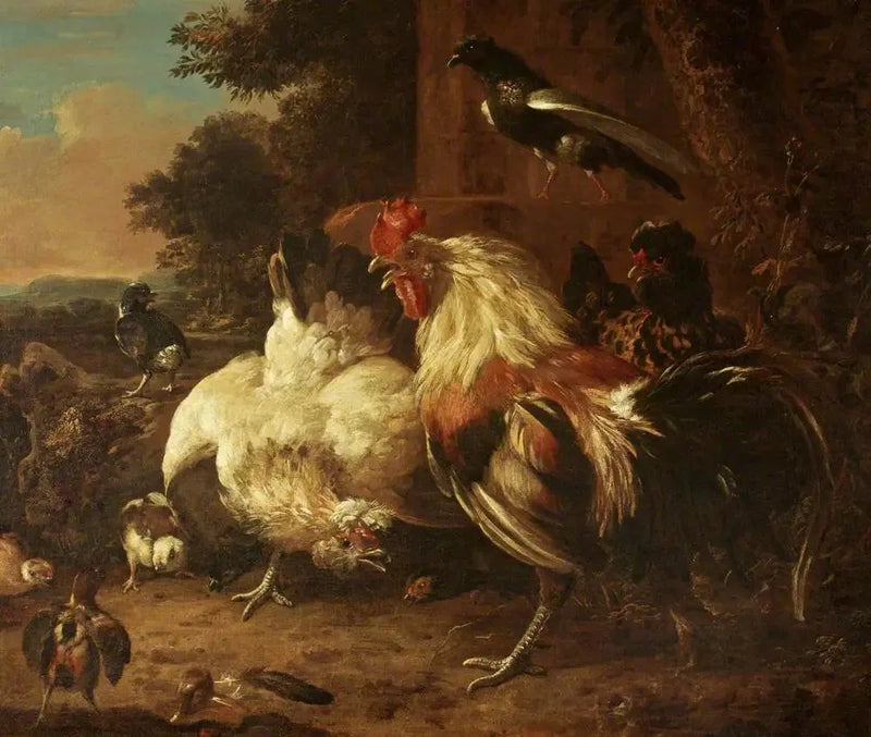 A rooster and two hens, with chicks, in a landscape - Melchior de Hondecoeter