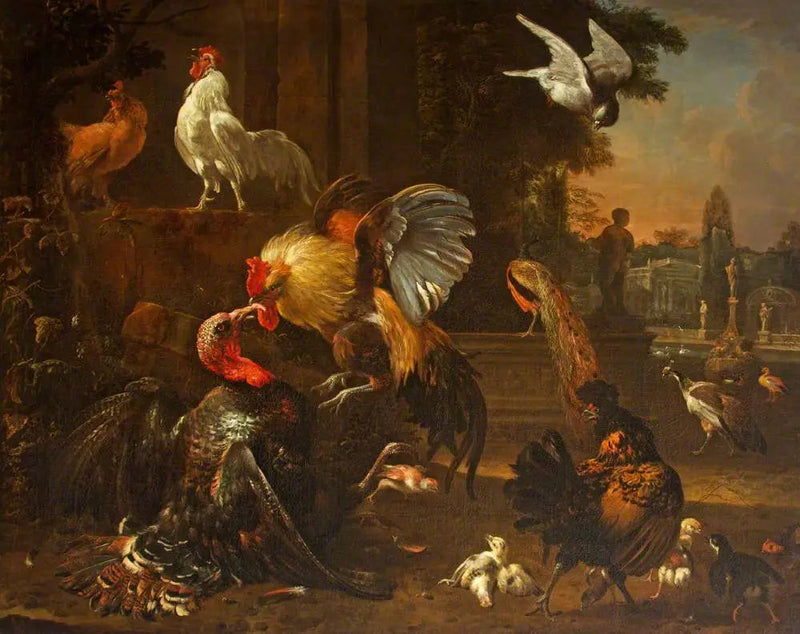 A rooster and a turkey fighting, in a park, with other poultry - Melchior de Hondecoeter