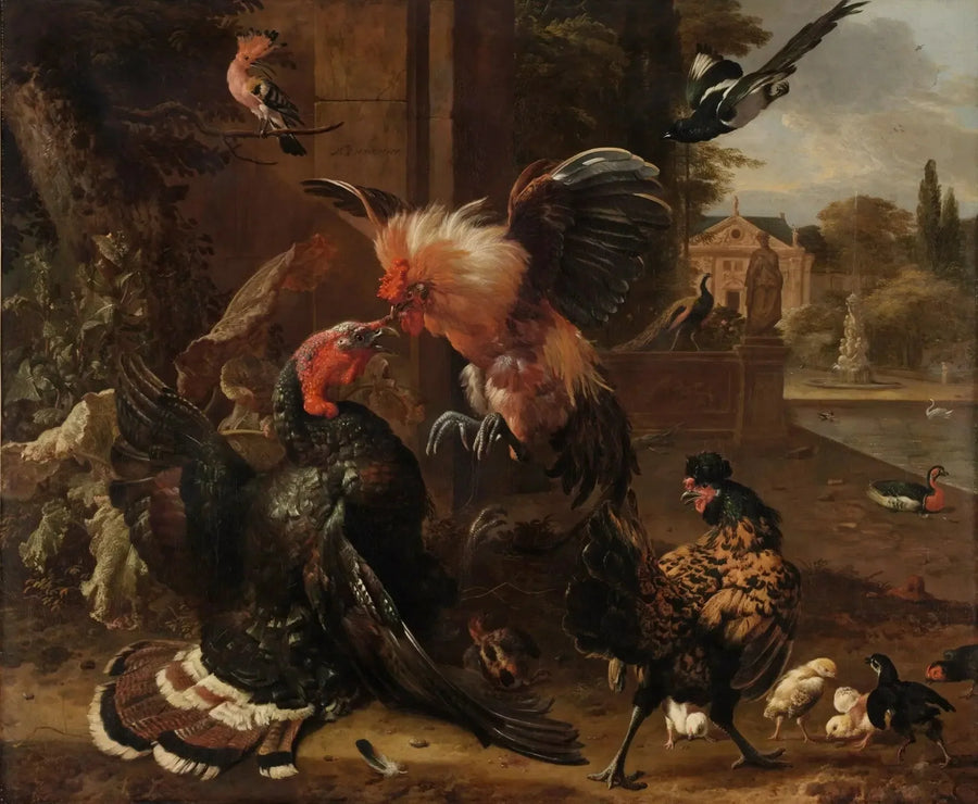 A rooster and a turkey fighting - Melchior de Hondecoeter