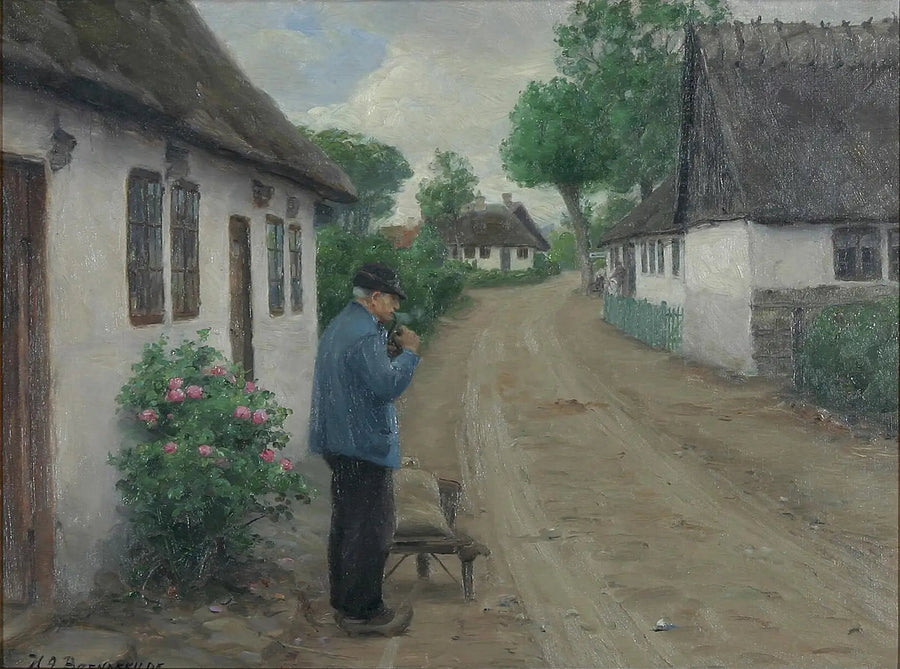 An outdoor scene with a man on the way to the mill. - H. A. Brendekilde