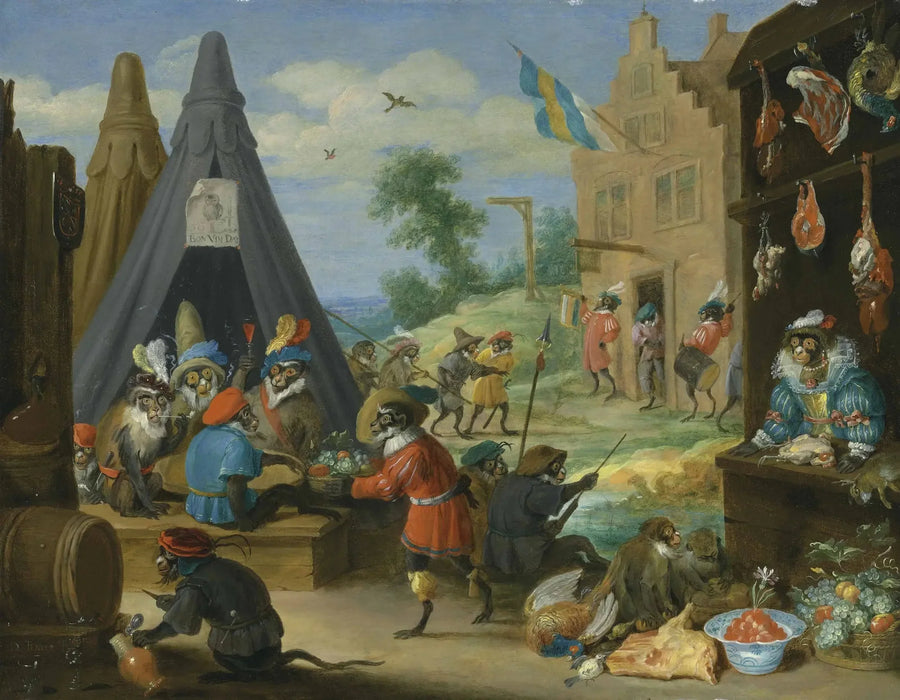 A Festival of Monkeys (monkeys dressed as soldiers in a camp near a city) - David Teniers the Younger