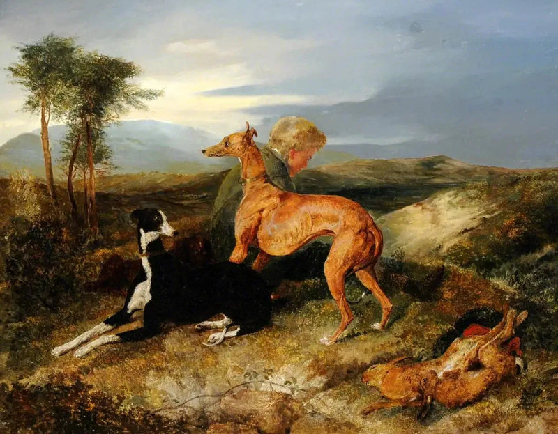 A boy and two greyhounds at rest - Edwin Henry Landseer