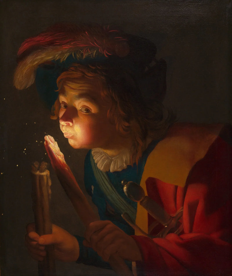 A boy blowing on a glowing ember - Gerrit van Honthorst