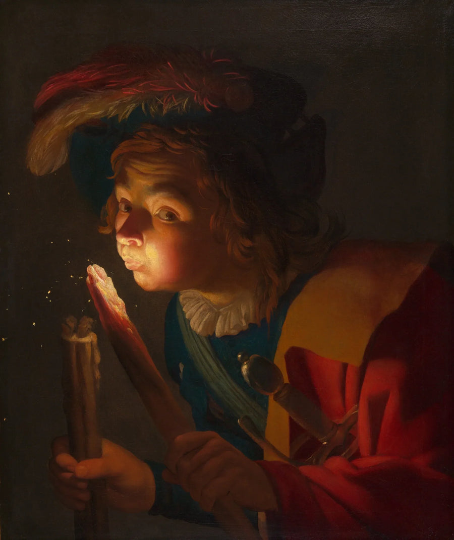 A boy blowing on a glowing ember - Gerrit van Honthorst