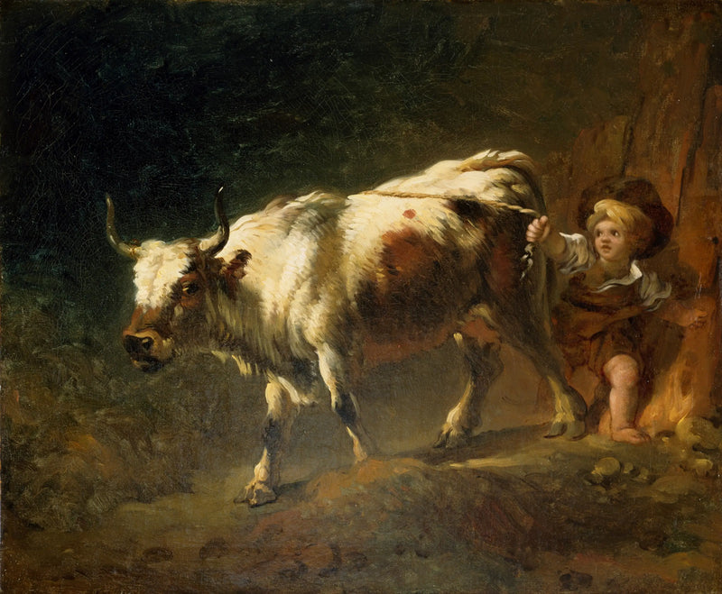 A boy tries to hold back a cow with a rope - Jean-Honoré Fragonard