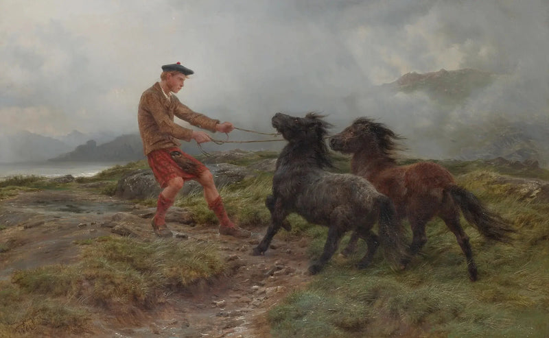 A ghillie and two Shetland ponies in a foggy landscape - Rosa Bonheur