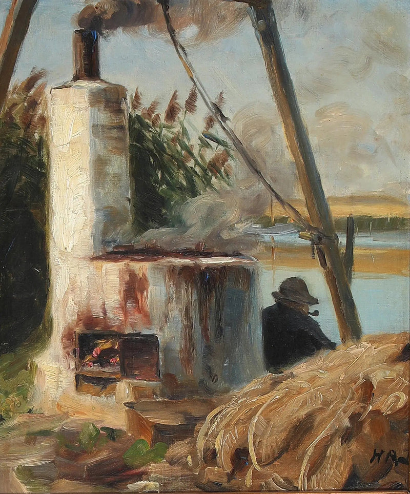 A man sitting in front of the steaming oven. - H. A. Brendekilde