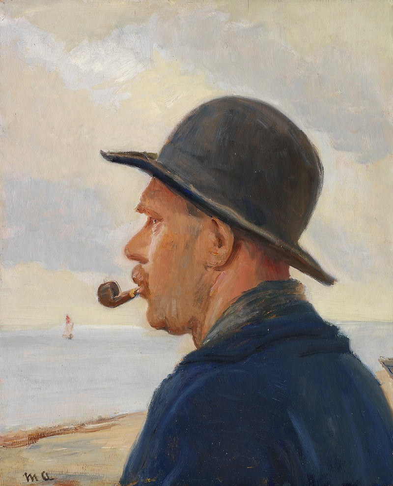 A man with a pipe and a felt hat on Skagen beach. - Michael Peter Ancher