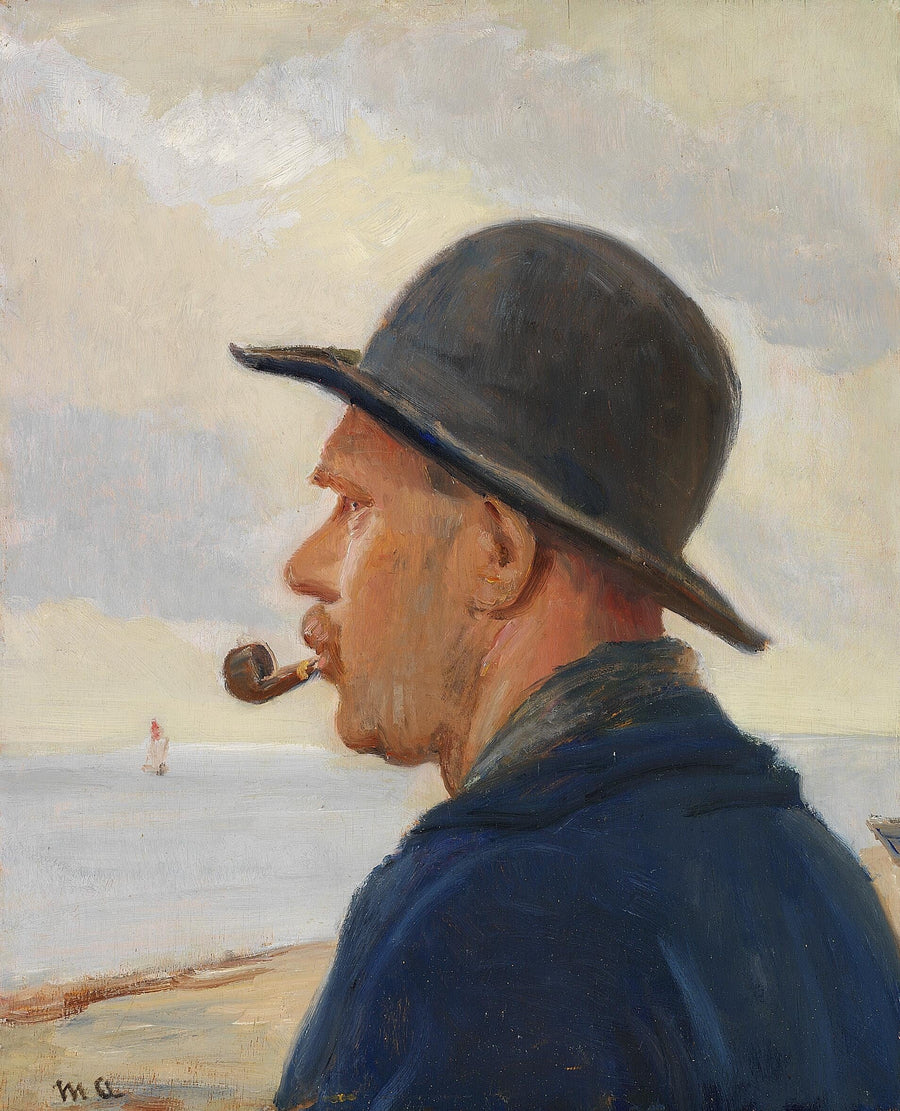 A man with a pipe and a felt hat on Skagen beach. - Michael Peter Ancher