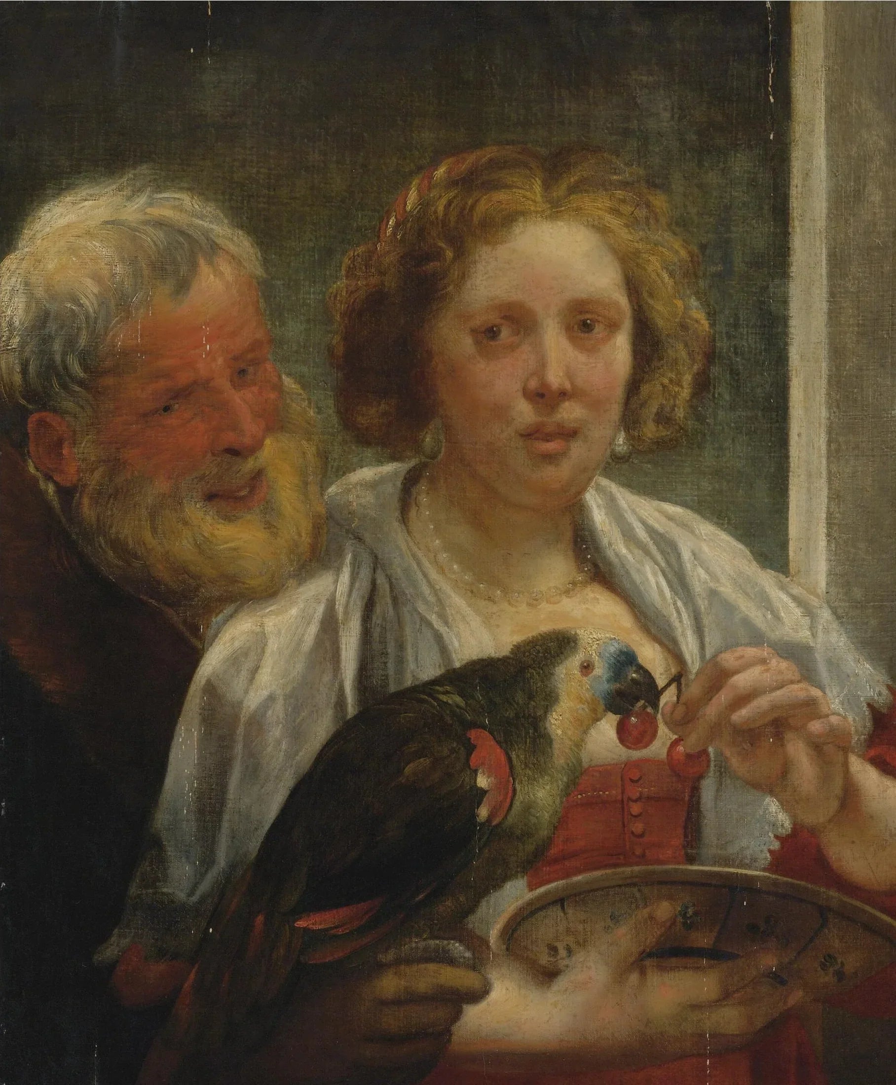 Un homme barbu et une femme avec un perroquet : « Amour non partagé » - Jacob Jordaens image 1 tableau peint à l’huile sur toile