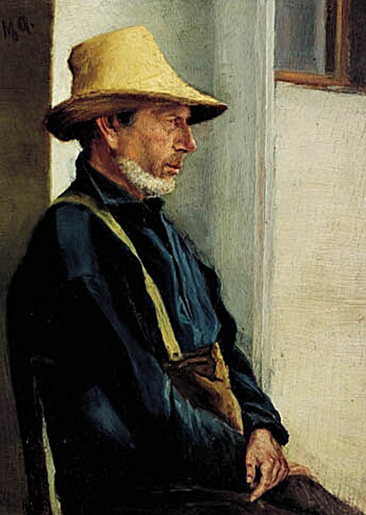 A man from Skagen, wearing a blue shirt and a yellow hat. - Michael Peter Ancher