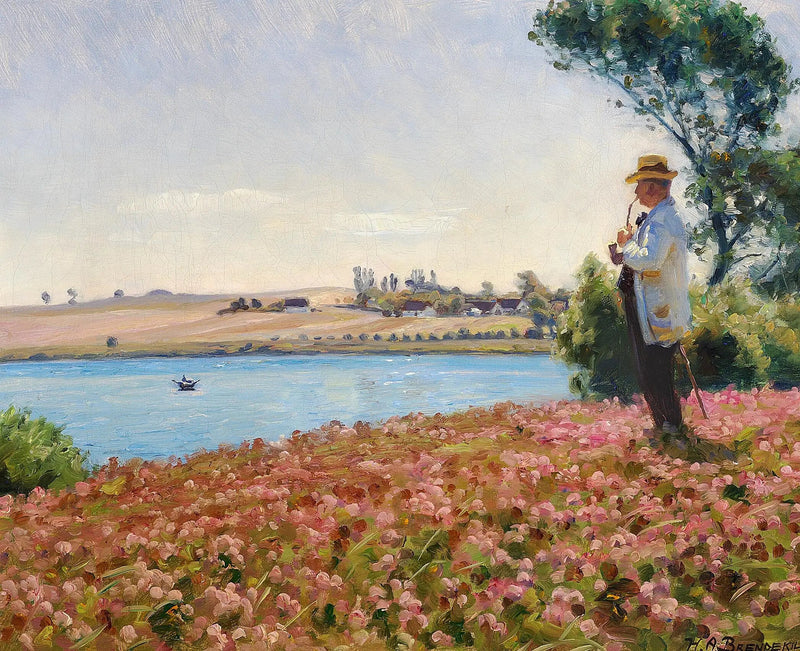 A man in a white coat enjoying the view of a cove. - H. A. Brendekilde