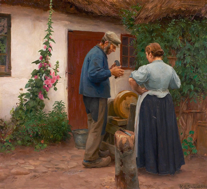 A man and a woman in front of a sharpening stone. - H. A. Brendekilde