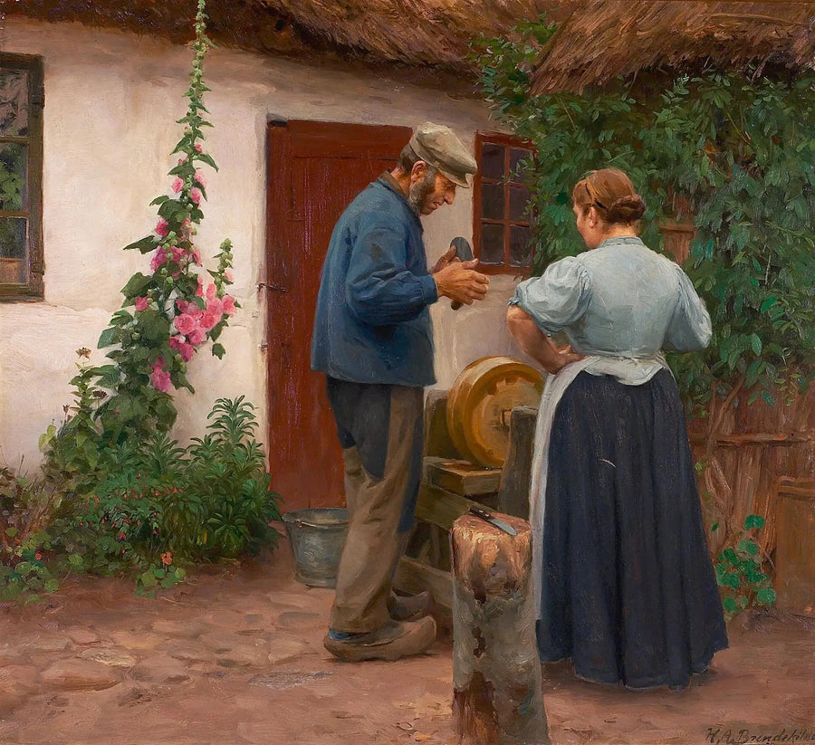A man and a woman in front of a sharpening stone. - H. A. Brendekilde