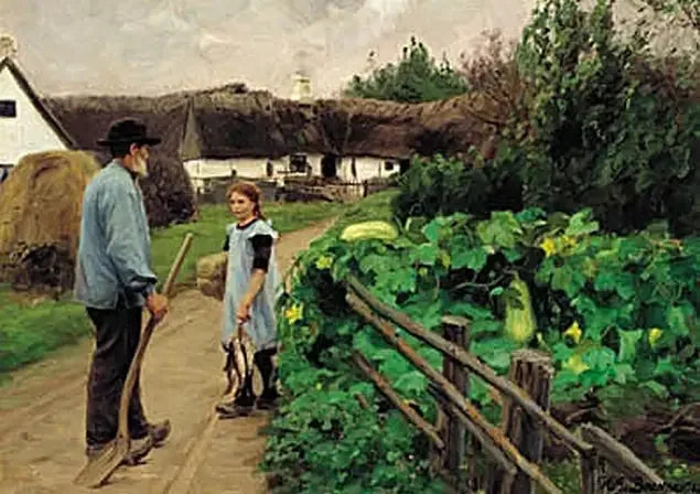 A man and a girl talking on a road. - H. A. Brendekilde