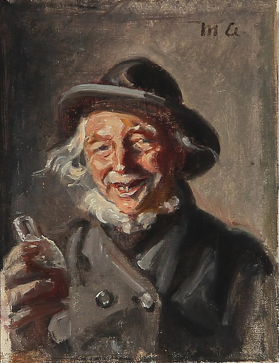 A happy man holding a bottle. - Michael Peter Ancher