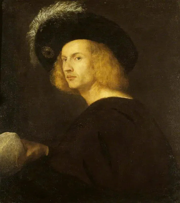 An unknown man wearing a black feathered hat - Titian