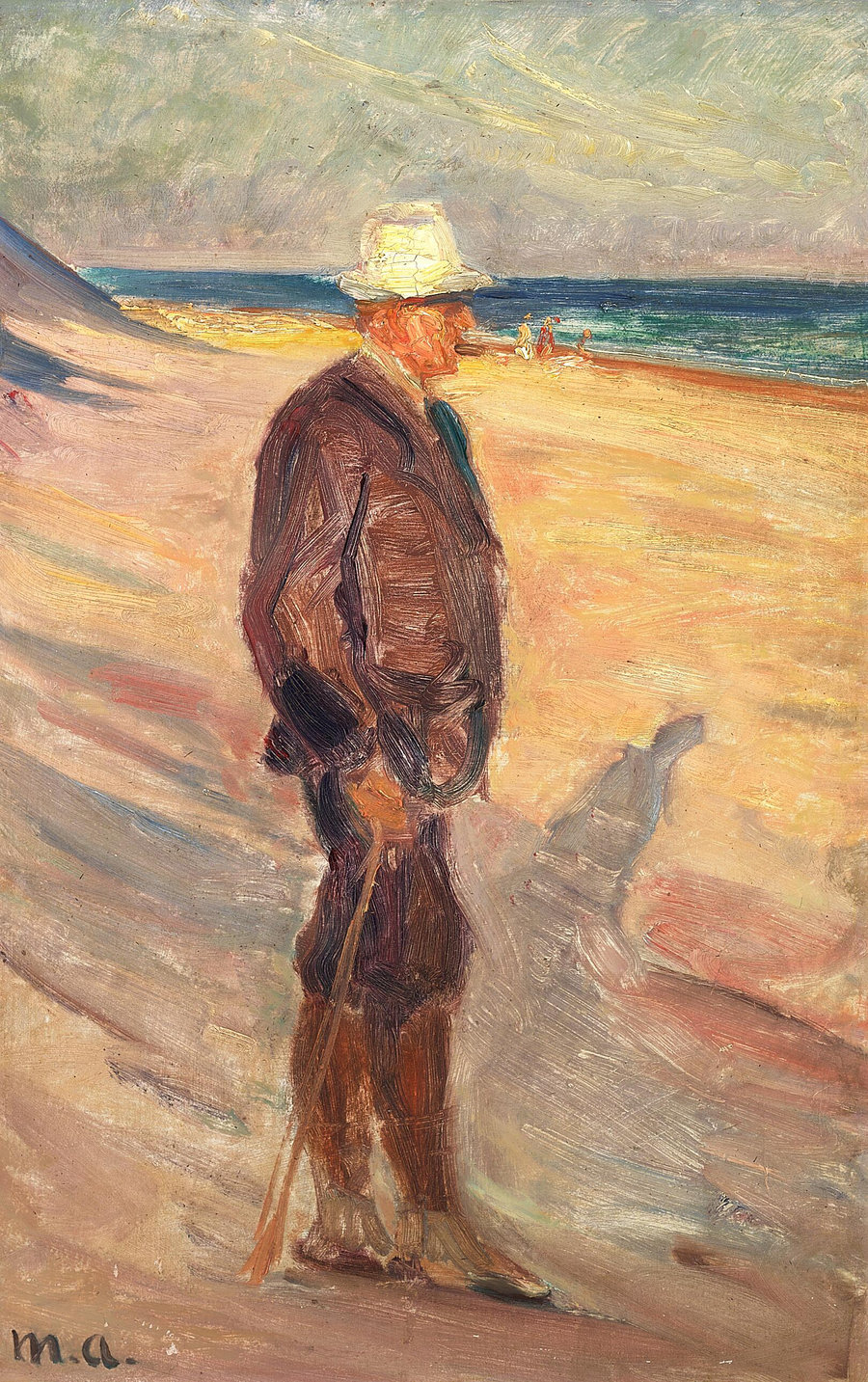 A man wearing a white hat and carrying a walking stick on Skagen beach. - Michael Peter Ancher