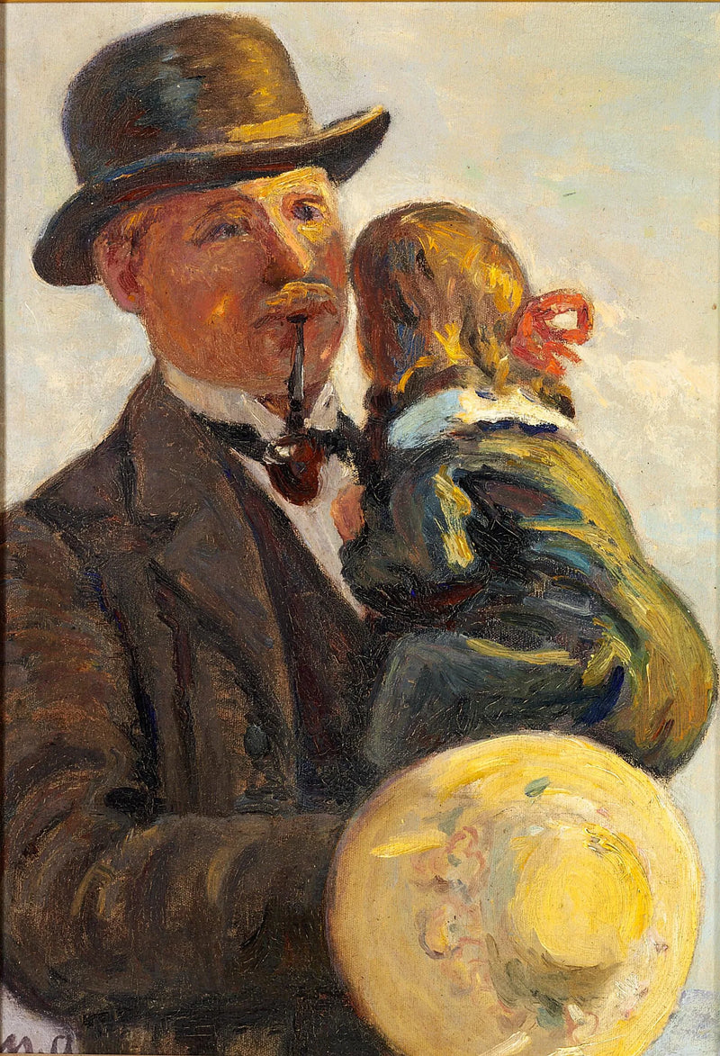 A man carrying a child and smoking a pipe. - Michael Peter Ancher