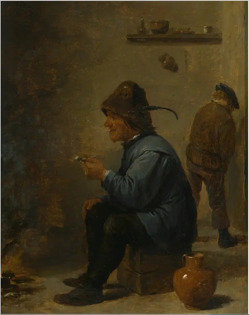 A man holding a pipe sitting in front of a fire in a tavern, a man urinating in a corner - David Teniers the Younger