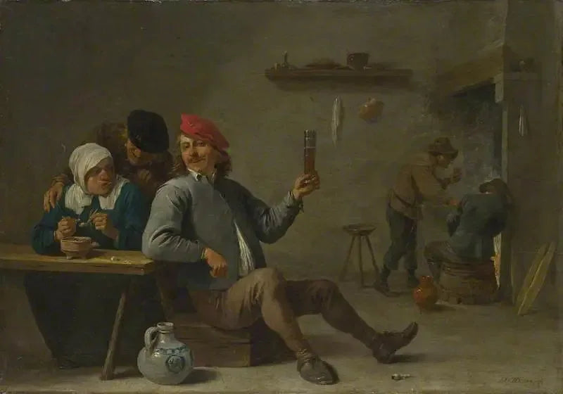 A man holding a glass and an old woman lighting a pipe - David Teniers the Younger