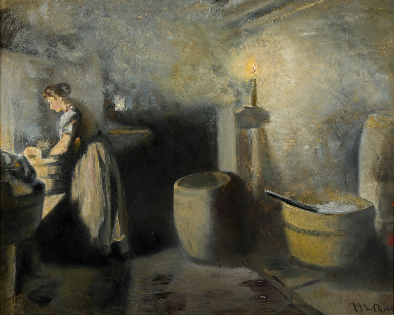 An interior with a woman washing clothes by candlelight. - Michael Peter Ancher