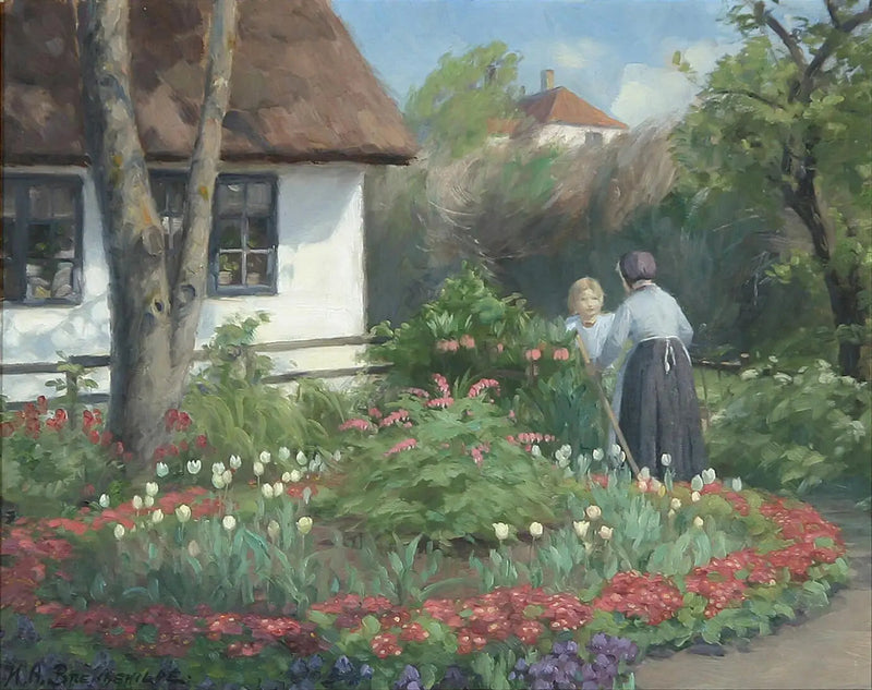 A Summer Day in the Garden. Two women discuss in front of the gate. - H. A. Brendekilde