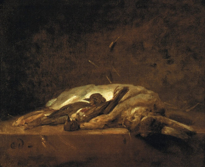 A rabbit, two dead thrushes, and some straw on a stone table - Jean Siméon Chardin