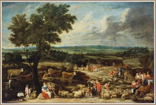 A livestock market in a vast landscape with Antwerp in the distance - David Teniers the Younger