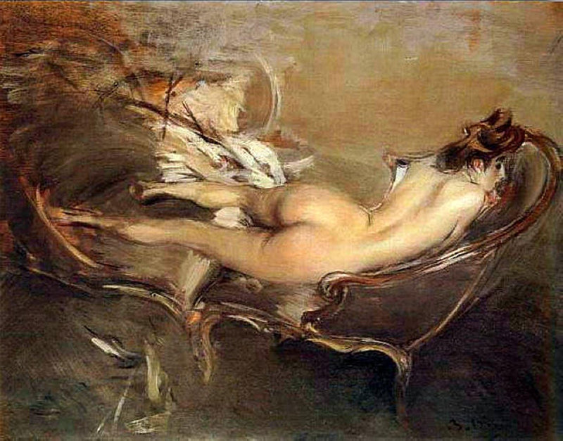 A reclining nude on a chaise lounge - Giovanni Boldini