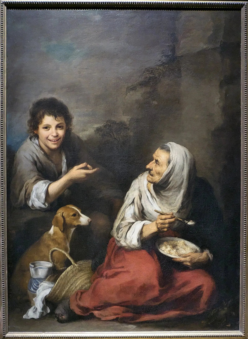 A sea urchin mocking an old woman eating migas - Bartolomé Esteban Murillo
