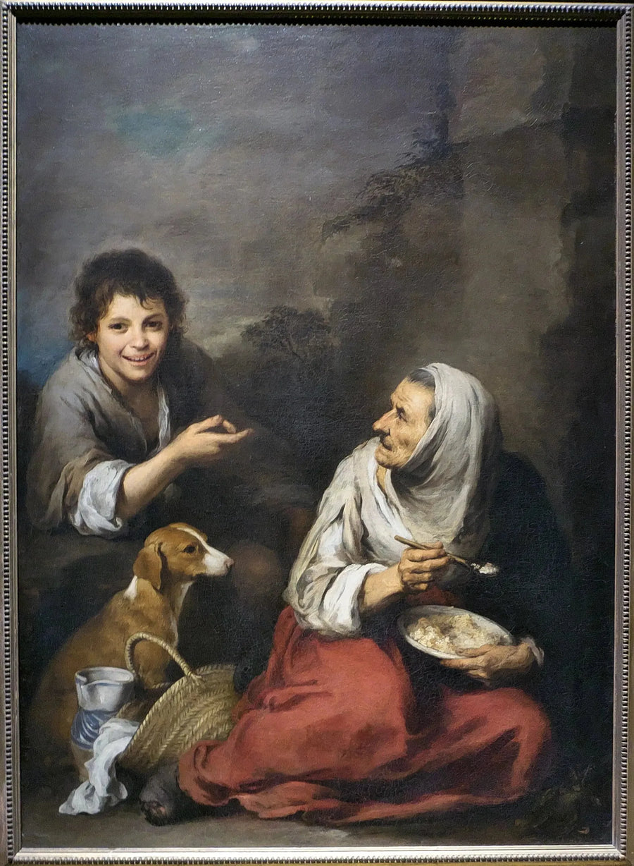 A sea urchin mocking an old woman eating migas - Bartolomé Esteban Murillo