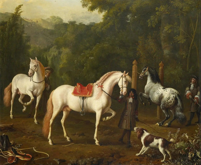 An equestrian groom assisting a riding master at the riding school - Melchior de Hondecoeter