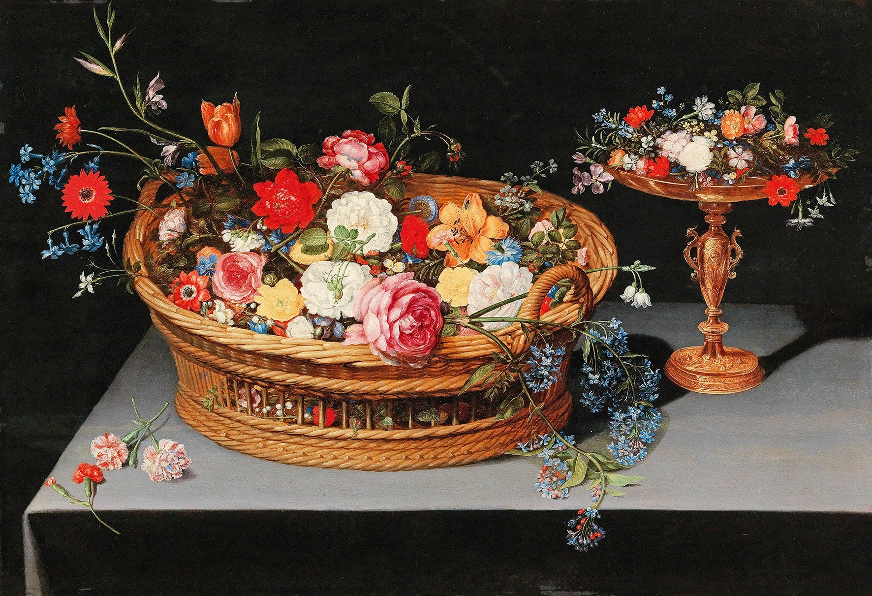 Un panier de fleurs mélangées avec une tasse à proximité - Jan Brueghel le Jeune