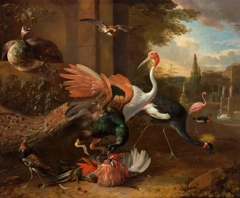 A peacock attacking a rooster - Melchior de Hondecoeter