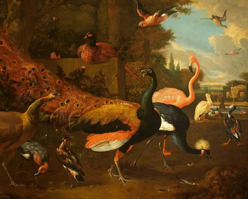 A peacock and a peahen with a crane, a flamingo, a pelican, and other birds, in a park - Melchior de Hondecoeter