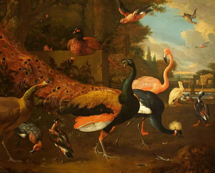 A peacock and a peahen with a crane, a flamingo, a pelican, and other birds, in a park - Melchior de Hondecoeter