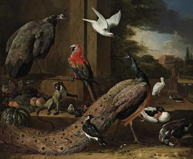 A peacock, a peahen, a monkey, and other birds on a terrace - Melchior de Hondecoeter
