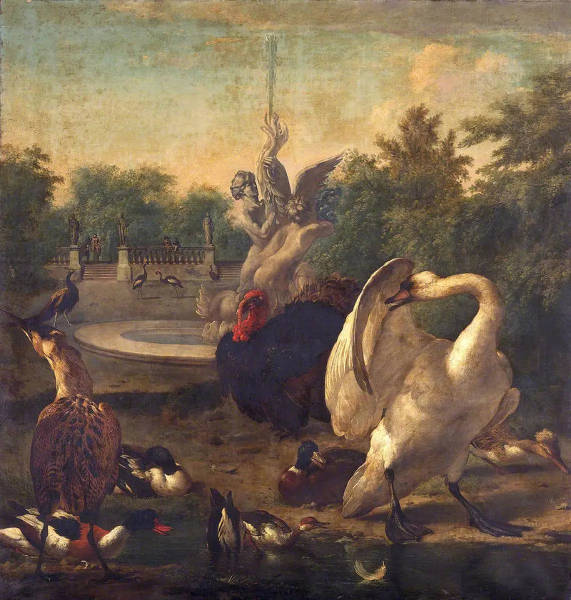 A park with a swan and other birds - Melchior de Hondecoeter