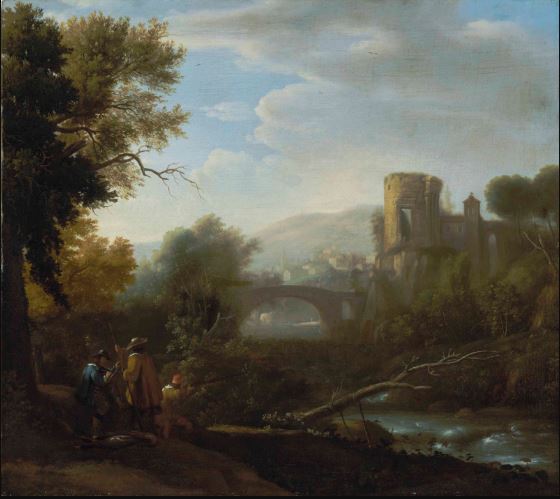 A landscape with Tivoli and the Temple of Vesta, hunters and an artist drawing in the foreground - Claude Lorrain