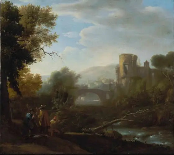 A landscape with Tivoli and the Temple of Vesta, hunters and an artist drawing in the foreground - Claude Lorrain