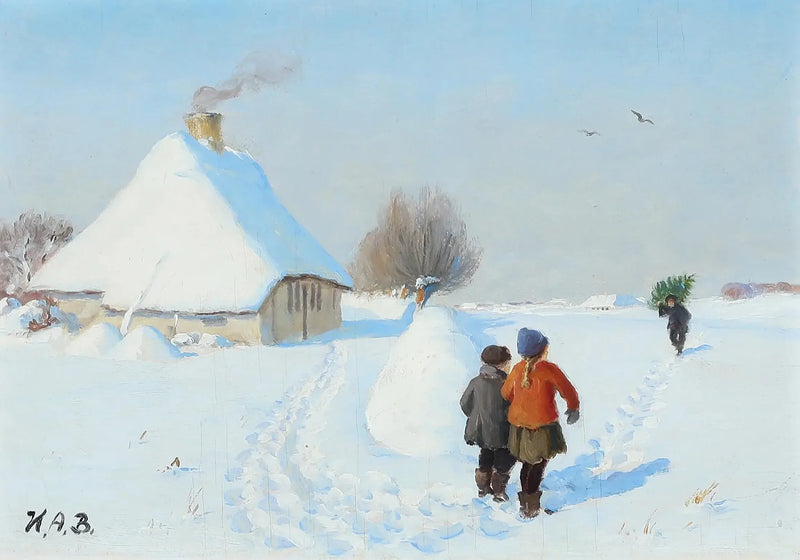 A snowy landscape with two children in the snow. - H. A. Brendekilde
